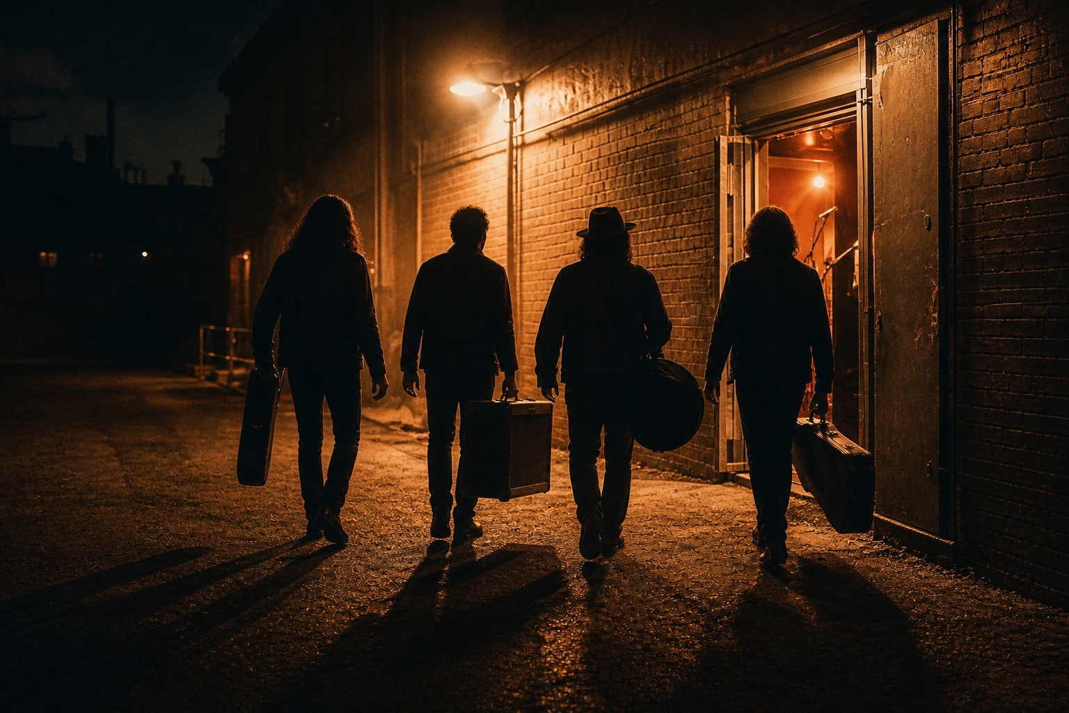 Silhouettes carrying musical equipment toward a warmly lit venue